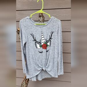 Girls' Gray Unicorn Reindeer Top with Poinsettia